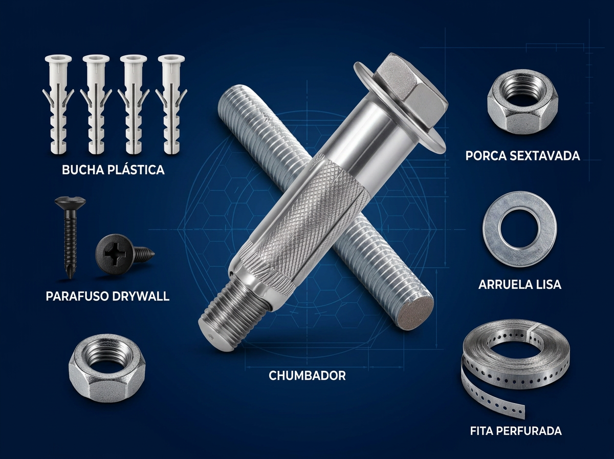 Composição premium de fixadores JOMARCA: chumbador CBJ/CBA em destaque, barra roscada, bucha plástica, parafuso drywall, porca sextavada, arruela lisa e fita perfurada sobre fundo azul industrial